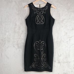 VTG MAGGY LONDON Linen Cotton Dress Sz 8‎ Black Cutout Lace Sleeveless Lined EUC